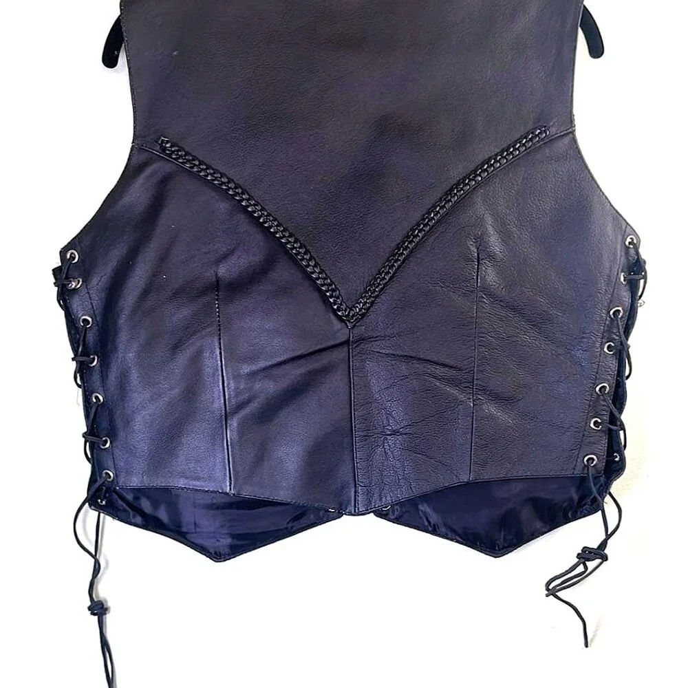 Black Leather Ladie's Lace Up Sides Motorcycle Vest Vietnam Vet Patches‎ Biker